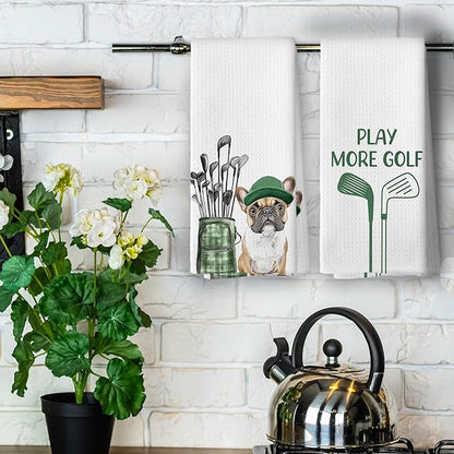 Golf Dog Kitchen Towels - French Bulldog Dish Towels, Sports Gifts, Pet Golf Club Decorative Absorbent Dishcloths Hand Towels Set of 2 for Spa Kitchen Gym Decor 16x24 Inches