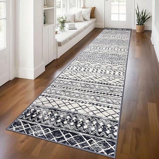 KUTA Boho Runners for Hallways 2.6x12 ft Moroccan Washable Runner Rug Non-Slip Vintage Black Navy Blue Kitchen Rugs Ultra Soft Geometric Floor Carpet for Bedroom Laundry Living Room