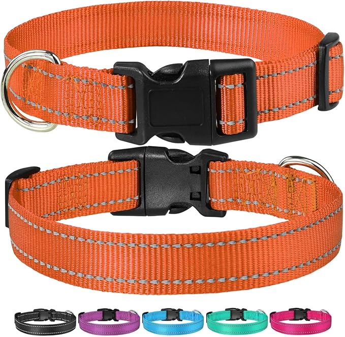 Reflective Dog Collar with Buckle Adjustable Safety Nylon Collars for Small Medium Large Dogs, Orange XXS