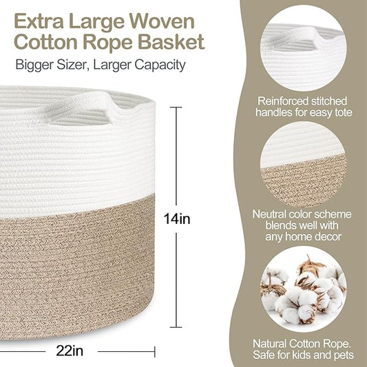 Large Rope Storage Basket, 22" X 22" X 14" Extra Large Woven Baskets for Storage, Cotton Rope Basket for Blankets Toys, Wicker Storage Baskets for Organizing, Wicker Laundry Basket Hamper