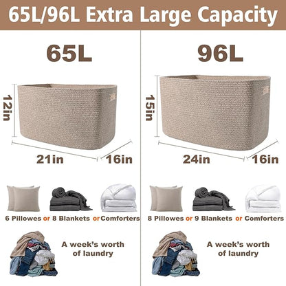 Woven Blanket Basket,65L Large Storage Bin for Blankets Toys Clothes,Decorative Rope Basket for Living Room Bedroom with Handles, Oatmeal