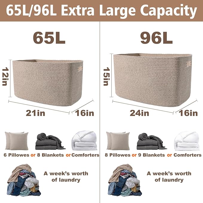 Woven Blanket Basket,96L Large Storage Bin for Blankets Toys Clothes,Decorative Rope Basket for Living Room Bedroom with Handles, Oatmeal