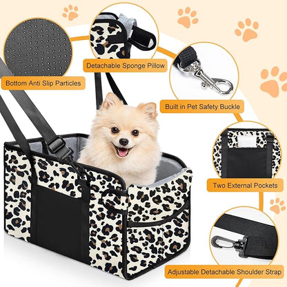 Portable Dog Car Seat for Small Dogs - Adjustable Safety Leash, Washable Cushion & Storage Pocket - Pet Booster Seat for Car Travel- Leopard