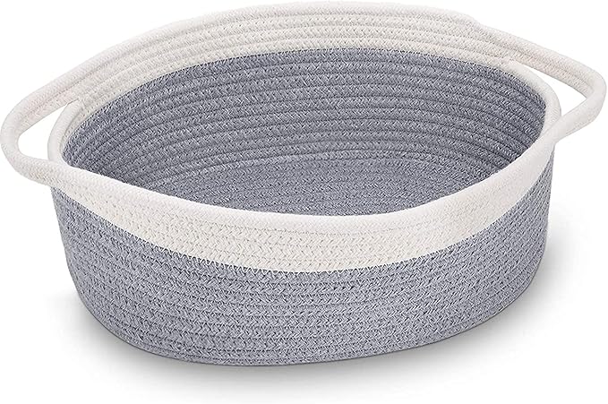 ABenkle Small Basket with Handles, Boho Decorative Rope Woven Dog Cat Toy Storage Bin Shelf Storage Organizer, Easter Christmas Gift Basket, 12"x8"x5", Grey