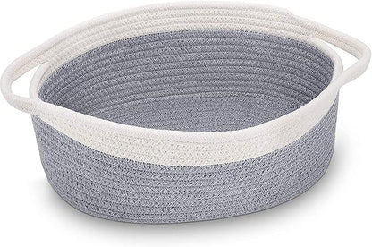 ABenkle Small Basket with Handles, Boho Decorative Rope Woven Dog Cat Toy Storage Bin Shelf Storage Organizer, Easter Christmas Gift Basket, 12"x8"x5", Grey