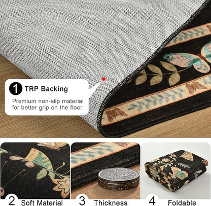 Unirea 2x6 Black Runner Rug, Washable Non Slip Insect Botanical Rug for Hallway, Kitchen, Bathroom, Laundry Room, Entryway, Bedroom, Soft Boho Door Mat Indoor Entrance Bug Rugs, Low Pile Carpet