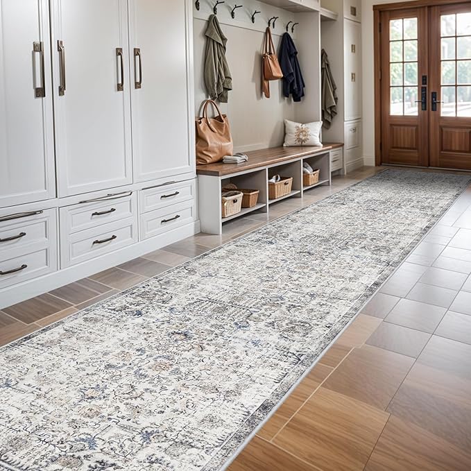 3x20 Washable Hallway Runner Rug - Extra Long Kitchen Rug with Non Slip Rubber Backing Ultra-Soft Low Pile Floor Carpet for Living Room Bedroom Dining Room Distressed Home Decor Mat (3x20,Brown/Blue