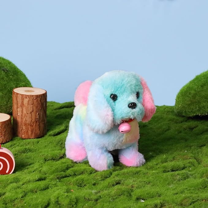 Hopearl Walking Dog with Bell Interactive Electronic Pet Plush Toy Puppy Woof and Moving Animated Nodding Head Gifts for Toddlers Birthday, Rainbow, 7''