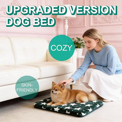 Washable Dog Bed Mat with Anti-Slip Bottom, Deluxe Plush Memory Foam Crate Pad & Waterproof Outdoor Kennel Mat for Dogs & Cats-Durable Crates Beds, Large Medium Small Puppy Size36 x 24",Green