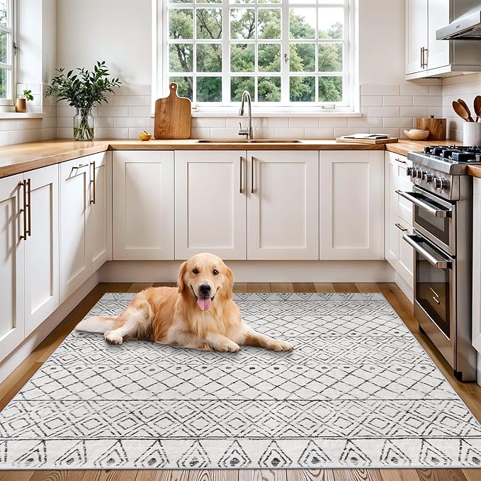 Moroccan Square 4x4 Washable Rug: Non-Slip Area Rugs for Bedroom Living Room Dining Room - Low Pile Easy Clean Geometric Print Carpet - Modern Boho Floor Mat for Family with Pets 4x4 Geo Grey
