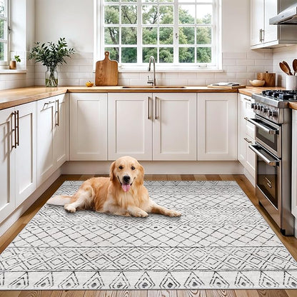 Moroccan Square 4x4 Washable Rug: Non-Slip Area Rugs for Bedroom Living Room Dining Room - Low Pile Easy Clean Geometric Print Carpet - Modern Boho Floor Mat for Family with Pets 4x4 Geo Grey