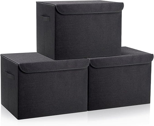 Large 17" 42 Quarts Collapsible Stackable Storage Bins with Lids [3-Pack] Foldable Fabric Linen Storage Boxes Cube, Closet Organizer Baskets with Label (16.7 x 12 x 12, Black)