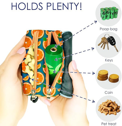 Dog Treat and Poop Bag Holder for Leash, 2 Waterproof Zipper Pouches for Pet Walking Accessories, with Dispenser, Training Clicker and 1 Free Roll (Fruit Orange)
