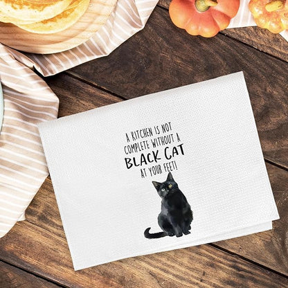 Funny Black Cat Kitchen Towels, Cat Lovers Gifts for Women, Funny Hand Towels for Bathroom Decor, A Kitchen is Not Complete Without A Blackcat Dishcloths Dish Towel forKitchen 16x24 Inches