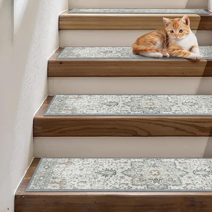 Non Slip Stair Treads for Wooden Steps 15PCS - 8"x30" Indoor Safety Carpet, Edging Mats with TPE Adhesive Backing, Pet and Elderly Friendly Stair Rugs (Taupe)