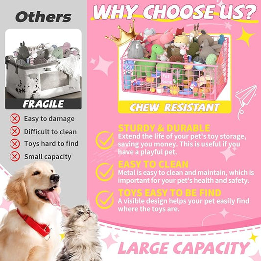 Indestructible Dog Toy basket, Large Toy Bin for Dogs,Pet Toy Bin Dog Metal Basket Organizer Storage for Toys Food Storage (Pink)