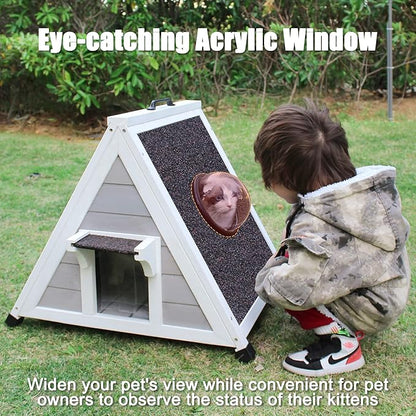 Deblue Weatherproof Cat House for Feral Cats, Outdoor Cat House for Small Cats, Unique Wooden Cat Shelter with Escape Door, Clear Window Fits for Small Pets - Grey