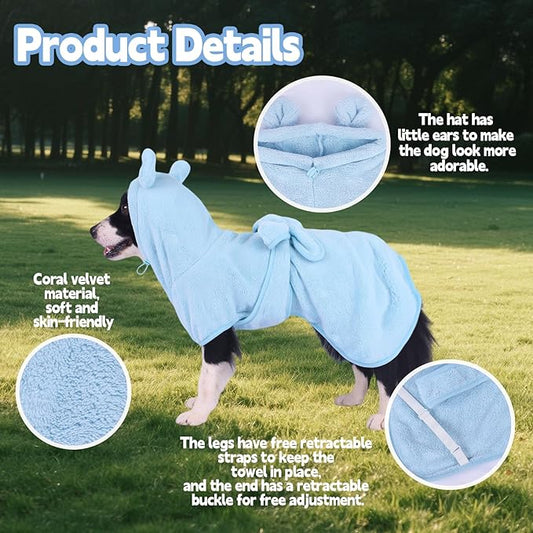 Super Absorbent Dog Bathrobe Pineapple Soft Fast Drying Dogs Towel Robe Adjustable Drying Coat for After Bath with Hood (Coral Velvet Blue, Large)