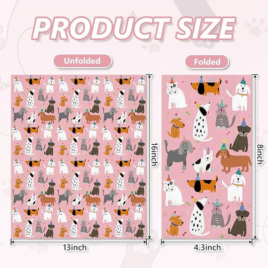 JarThenaAMCS 100Pcs Dog Guest Napkins Pink Disposable Napkins Cute Puppy Dinner Paper Hand Towels for Pet Animal Party Table Bathroom Decor