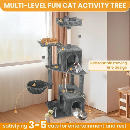 Cat Tree, 54-Inch Cat Tower for Indoor Cats, Soft Plush Multi-Level Climbing Cat Condo with Scratching Posts, Basket, Perches,2 Caves,2 Pompoms Play House for Cat(Gray)