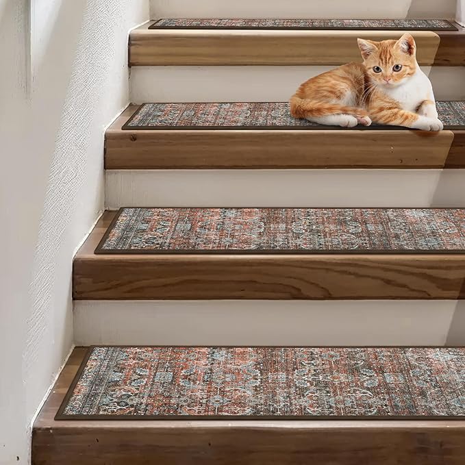 Carpet Stair Treads Non Slip 15PCS, 8" X 30" Edging Stair Runner for Wooden Steps Indoor, Resistant Stair Rug with Reusable TPE Adhesive Backing, Residue Free Mat for Elders, Pets, Terracotta