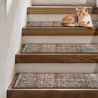 Carpet Stair Treads Non Slip 4PCS, 8" X 30" Edging Stair Runner for Wooden Steps Indoor, Resistant Stair Rug with Reusable TPE Adhesive Backing, Residue Free Mat for Elders, Pets, Terracotta