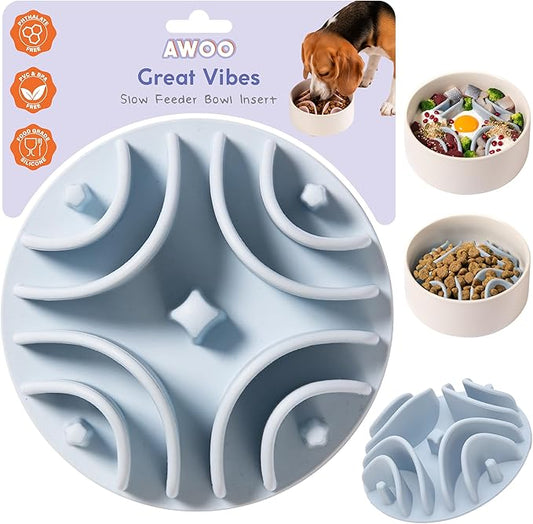 Awoo Great Vibes - Silicone Slow Feeder for Dog Bowls Over 5.5 Inches - Non-Slip, Wet and Dry Food-Compatible Pet Dish with Suction Cups - Extends Mealtime for Fast Eaters - Dishwasher Safe (Sky)