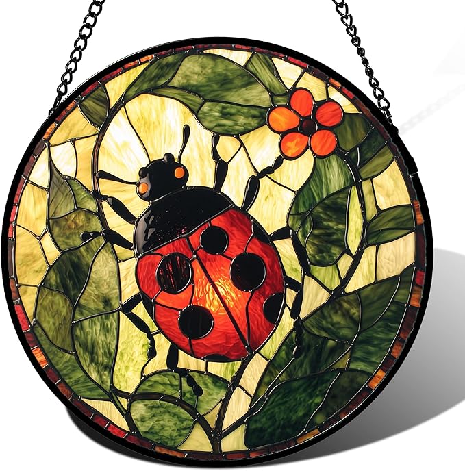Stained Glass Window Hanging - Red Ladybug Green Plant Flower Sun Catcher for Door Home Decor Insect Suncatcher Christmas Mother's Day Birthday Gifts for Women Men Mom Nana 9.8 in