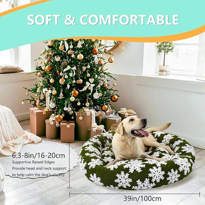 39 Inch Christmas Snowflakes Calming Dog Bed for Large Dogs, Round Anti-Anxiety Warm Bed, Soft Cozy Anti-Slip Donut Washable Pet Bed, Fits up to 100 lbs Pets