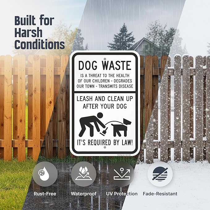 SmartSign Dog Waste Is A Threat Sign, Leash Clean Up After Your Dog Sign (2-Pack), 18 x 12 inch, 80 mil thick Aluminum Composite (ACM), Pre-Drilled Holes, White and Black, Made in USA