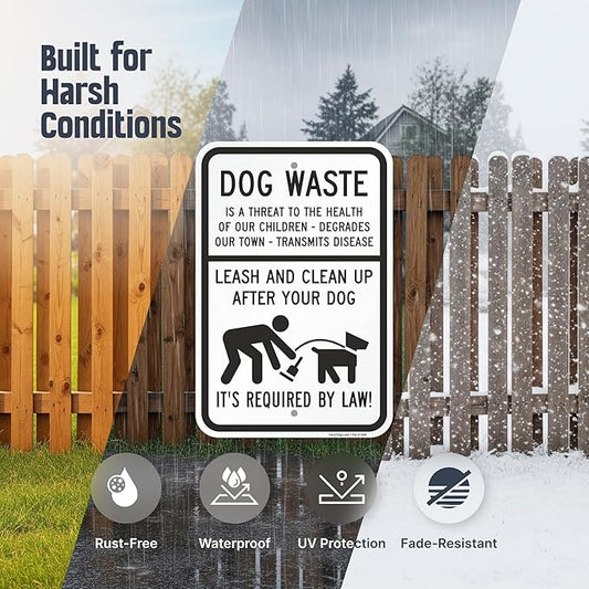 SmartSign Dog Waste Is A Threat Sign, Leash Clean Up After Your Dog Sign (2-Pack), 18 x 12 inch, 80 mil thick Aluminum Composite (ACM), Pre-Drilled Holes, White and Black, Made in USA