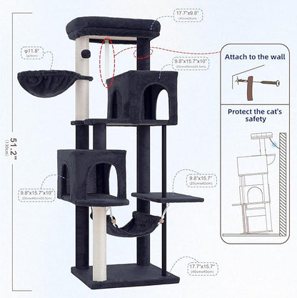 Gitelsnour 51.2'' Cat Tree Tower, Cat Tower with Scratching Post, Sturdy Steel Pube Cat Tree for Inoor Cats Large Adult, Cat Hammock and Basket, Padding Top Platform, Drak Gray GCT014G