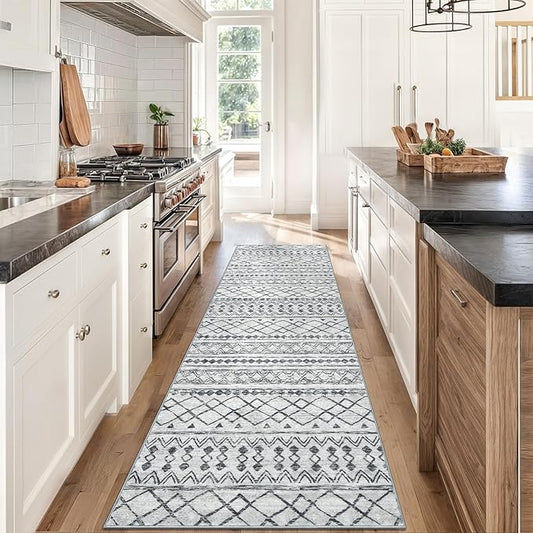 KUTA Moroccan Washable Runner Rug 2.6x8, Non-Slip Vintage Grey Boho Hallway Runners Kitchen Rugs Ultra Soft Print Distressed Geometric Floor Carpet for Bedroom Laundry Living Room