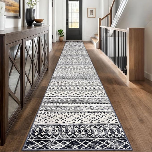 KUTA Moroccan Washable Runner Rug 2.6x18 Non-Slip Vintage Black Navy Blue Boho Hallway Kitchen Rugs Ultra Soft Geometric Floor Carpet Runners for Bedroom Stairway Living Room