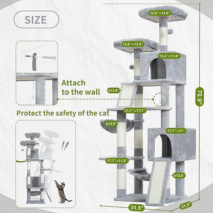 Gitelsnour Cat Tree for Indoor Cats, 71'' (180cm) Multi-Level Cat Tower for Large Adult, Sturdy Cat Tree House with 2 Scratching Boards 7 Posts, 2 Plush Perches/Condos, Hammock, Light Gray GCT032W