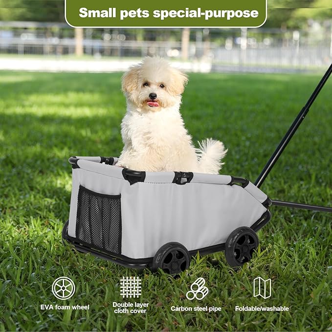 Mini Dog Strollers for Mini Pets, Foldable Multifunctional Shopping Carts with Extendable Pull Handle, Doggie Wagon Built-in Cushion and Safety Rope with Storage Bag (Light Grey)