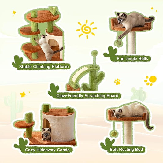Cactus Cat Tree for Indoor Cats, 36" Multi-Level Cat Tower with Sisal Scratching Posts, Stable Cat Condo with Perches and Steps, Brown