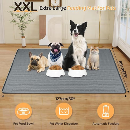 Dog Food Mat, Extra Large 50" x 35" Silicone Pet Feeding Mat with Raised Edge Pet Placemat for Small, Medium, and Large Pets Non-Slip, Easy to Clean (Dark Grey)