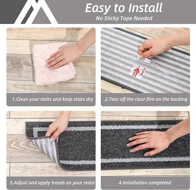 COSY HOMEER Soft Stair Treads 15pcs Non-Slip Carpet Mat 28inX9in Indoor Stair Runners for Wooden Steps, Stair Rugs for Kids and Dogs, 100% Polyester TPE Backing Black,Square