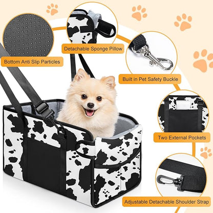 Portable Dog Car Seat for Small Dogs - Adjustable Safety Leash, Washable Cushion & Storage Pocket - Pet Booster Seat for Car Travel- Cow Pattern