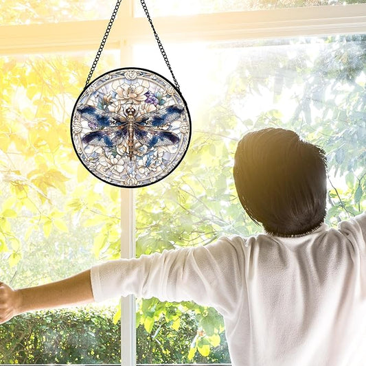 Stained Glass Window Hanging, Dragonfly Flower Suncatcher for Doors Home Sun Catchers Decoration and Christmas, Mother's Day Birthday Gifts for Women, Men, and Mom 6.3 in
