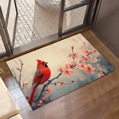 Red Cardinal Bird Front Door Mat,Anti-Slip Spring Pink Peach Flower Entrance Indoor Rug Mat,Low Profile Door Mat Entrance,Doormats for Home Kitchen Bedroom Porch, Hallways 30 x 17 Inch
