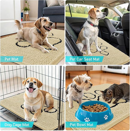 OLANLY Dog Door Mat for Muddy Paws 30x20, Paw Print Design, Absorbs Moisture and Dirt, Absorbent Non-Slip Washable Doormat, Quick Dry Chenille Mud Mat for Dogs, Entry Indoor Entryway Carpet, Sand