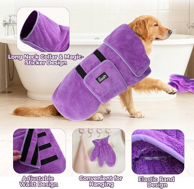 Mihachi Dog Bathrobe Towel Wrap Fast Drying with Drying Gloves Set, Super Absorbent Coral Fleece Dog Drying Coat Bath Robe for Puppy, Medium & Large Dogs, Adjustable Collar & Belly Strap, Purple XL