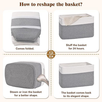 Storage Baskets for Organizing, 4 Pack Baskets for Shelves, Decorative Storage Bins for Shelves, Cotton Rope Storage Basket with Handles, Woven Basket for Storage, 13''Lx8.7''Wx7.9''H, White & Gray