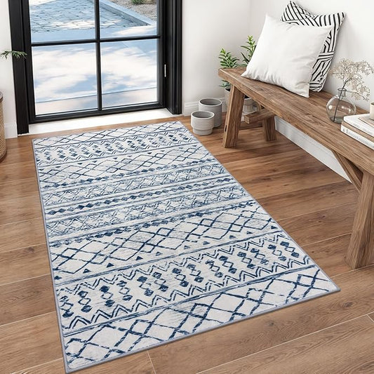 KUTA Vintage Boho Washable Rugs 3x5, Moroccan Non Slip Entryway Rug, Blue White Ultra Soft Print Distressed Geometric Low-Pile Area Rug for Living Room Bedroom Nursery Dorm Decor