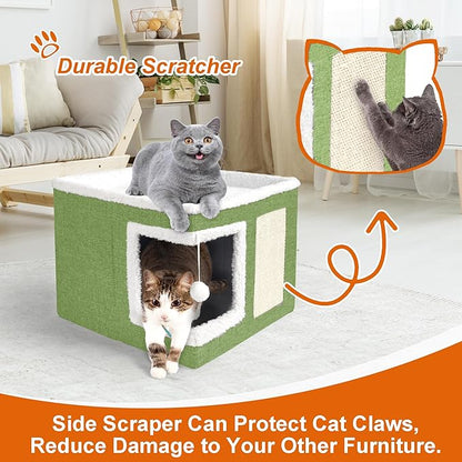 Loyareal Cat Houses for Indoor Cats - Large Cat Bed Cave with Scratch Pad and Fluffy Ball, Foldable Cat Condo Hideaway with Reversible Cushion for Multi Small Pet, Green