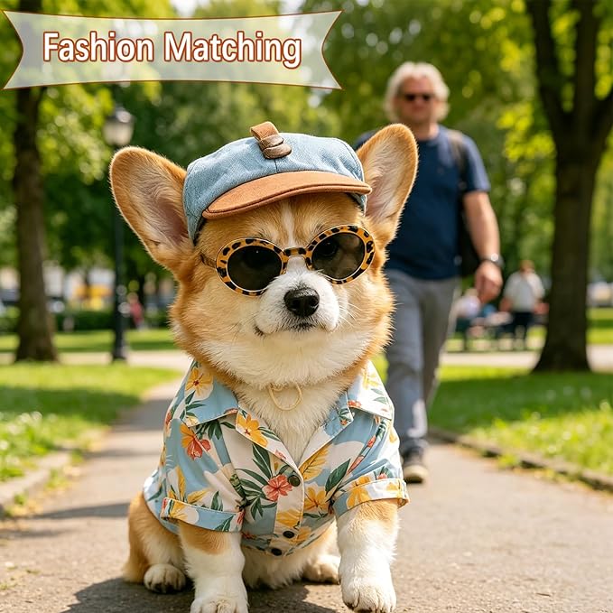 2 Pcs Pet Baseball Cap and Sunglasses, Dog Sun Hat with Ear Holes, Summer Adjustable Buckle Visor Caps for Cats, Small Medium Dogs (Brown, Small)