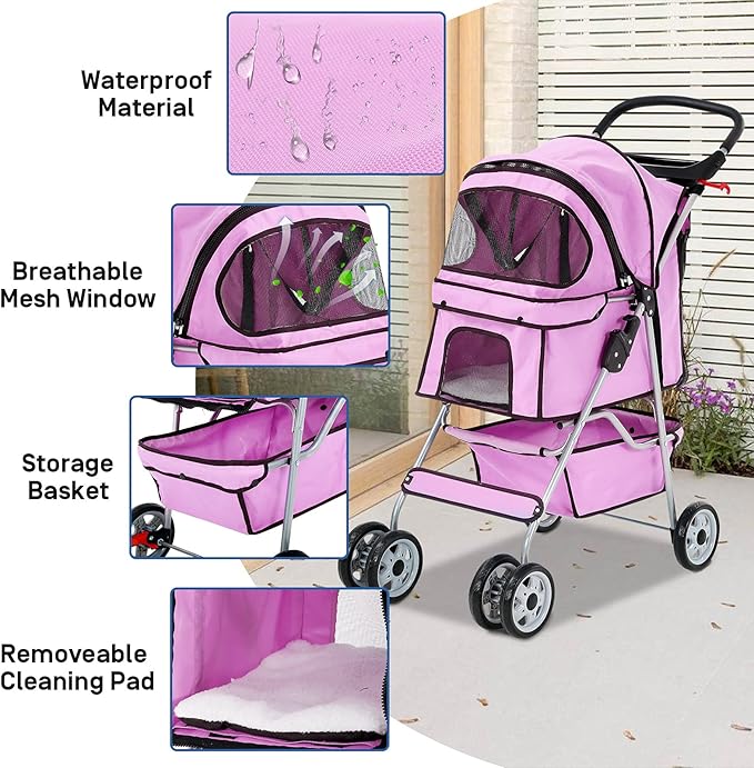 Best 4 Wheels Pet Stroller for Dog and Cat Stroller, Lightweight and Foldable Carrier Strolling Cart W/Cup Holders Removable Liner for Small and Medium Dog Cat or Pet - Pink