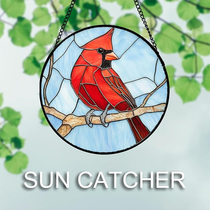 Stained Glass Window Hanging Cardinal Birds Large 11.8" - Suncatcher Door Garden Sun Catcher Home Decor Christmas Birthday for Bird Lovers Woman Her Nana Wife Men Mom